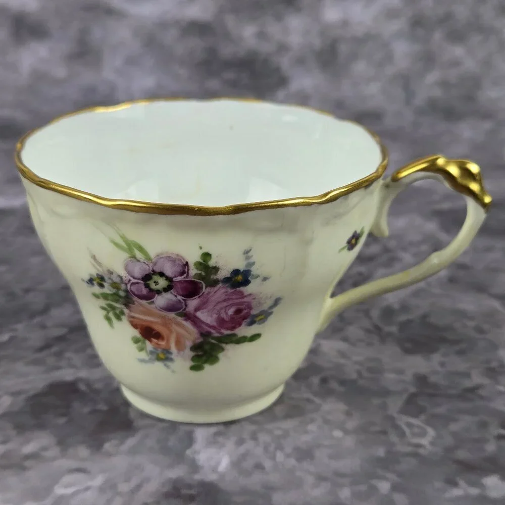 Vintage Porcelain 3 Piece Set Cup, Saucer, Snack Plate Floral Pattern Gold Trim